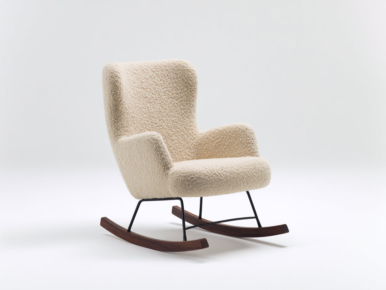 Fauteuil à bascule en tissu bouclé crème avec structure métal et patins bois design moderne scandinave 78x80x92 cm