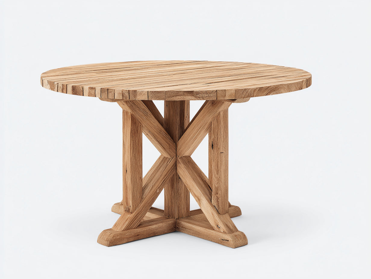 Table de jardin ronde en bois massif 120x120x75 cm design croisé rustique