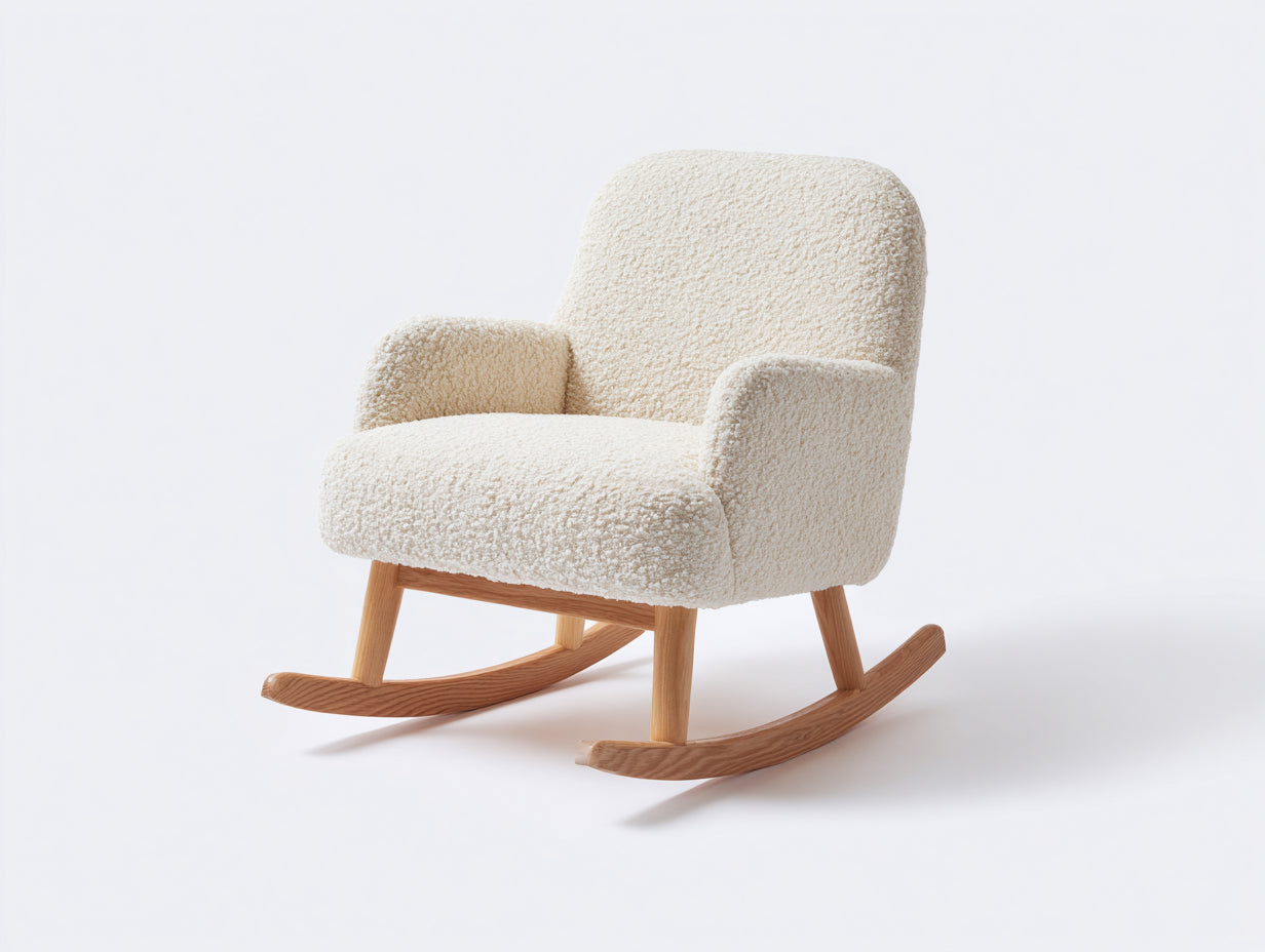 Fauteuil à bascule 70x65x92 cm - rocking chair en tissu bouclé beige et bois naturel - design scandinave pour salon et chambre