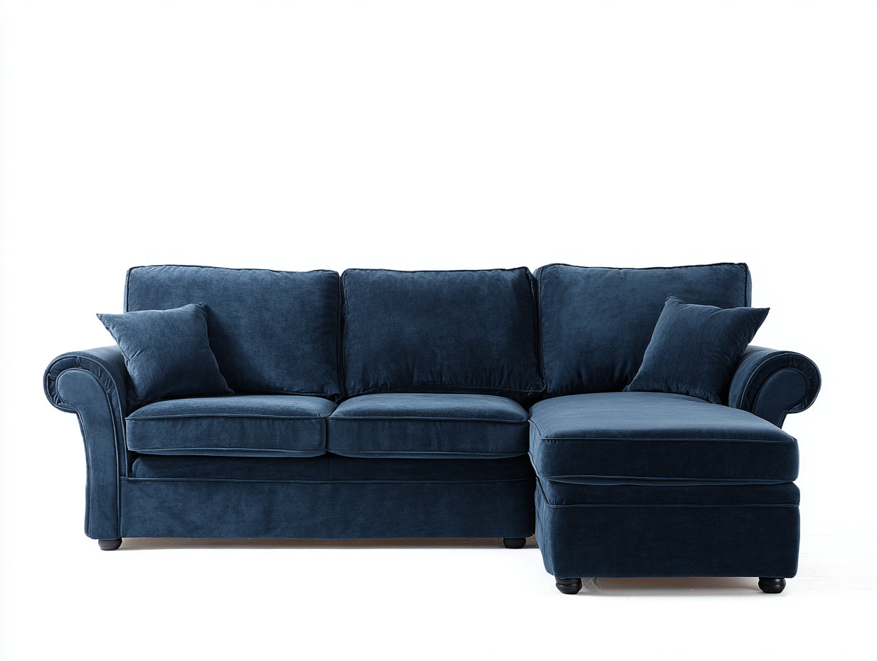 Canapé d'angle en velours bleu avec méridienne droite - Canapé convertible moderne style classique 260x170x85 cm