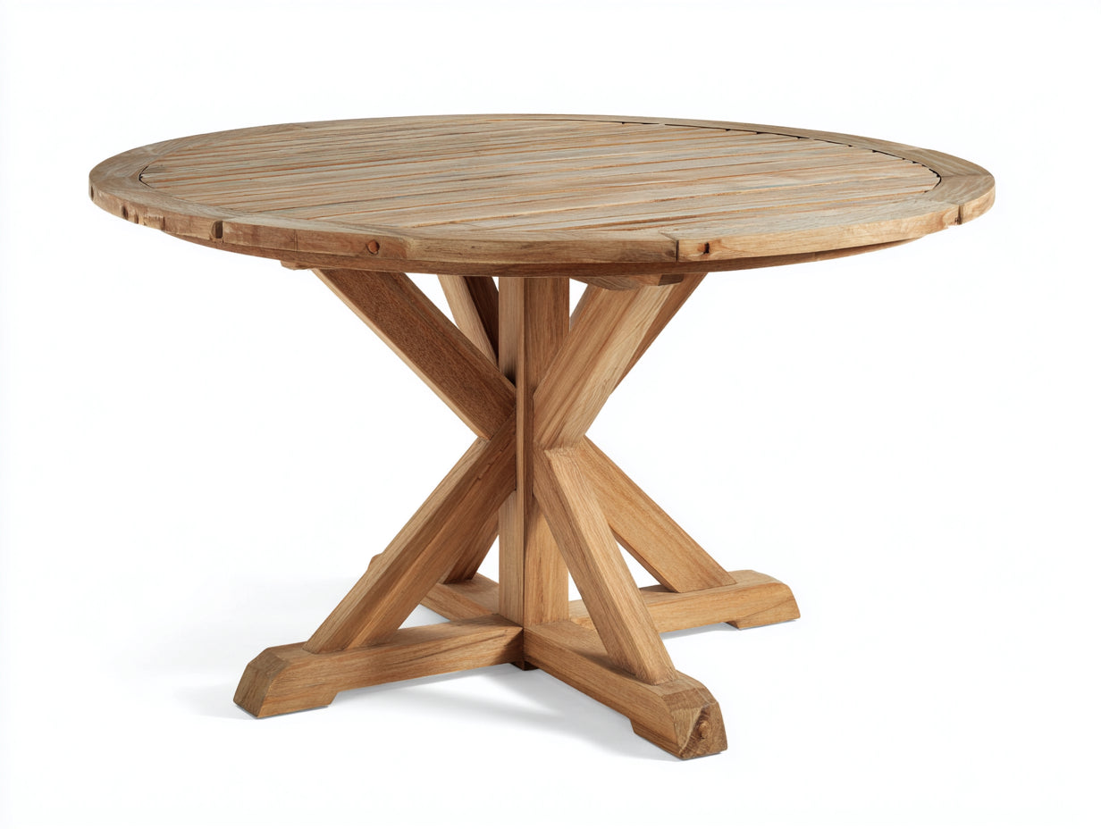 Table de jardin ronde 120x120x75 cm - bois massif design croisé extérieur contemporain - bois naturel - table repas jardin style moderne