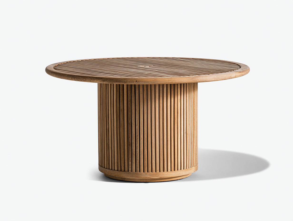 Table de jardin ronde en bois massif design contemporain à piètement cylindrique strié - Table extérieure style naturel moderne 120x120x75 cm