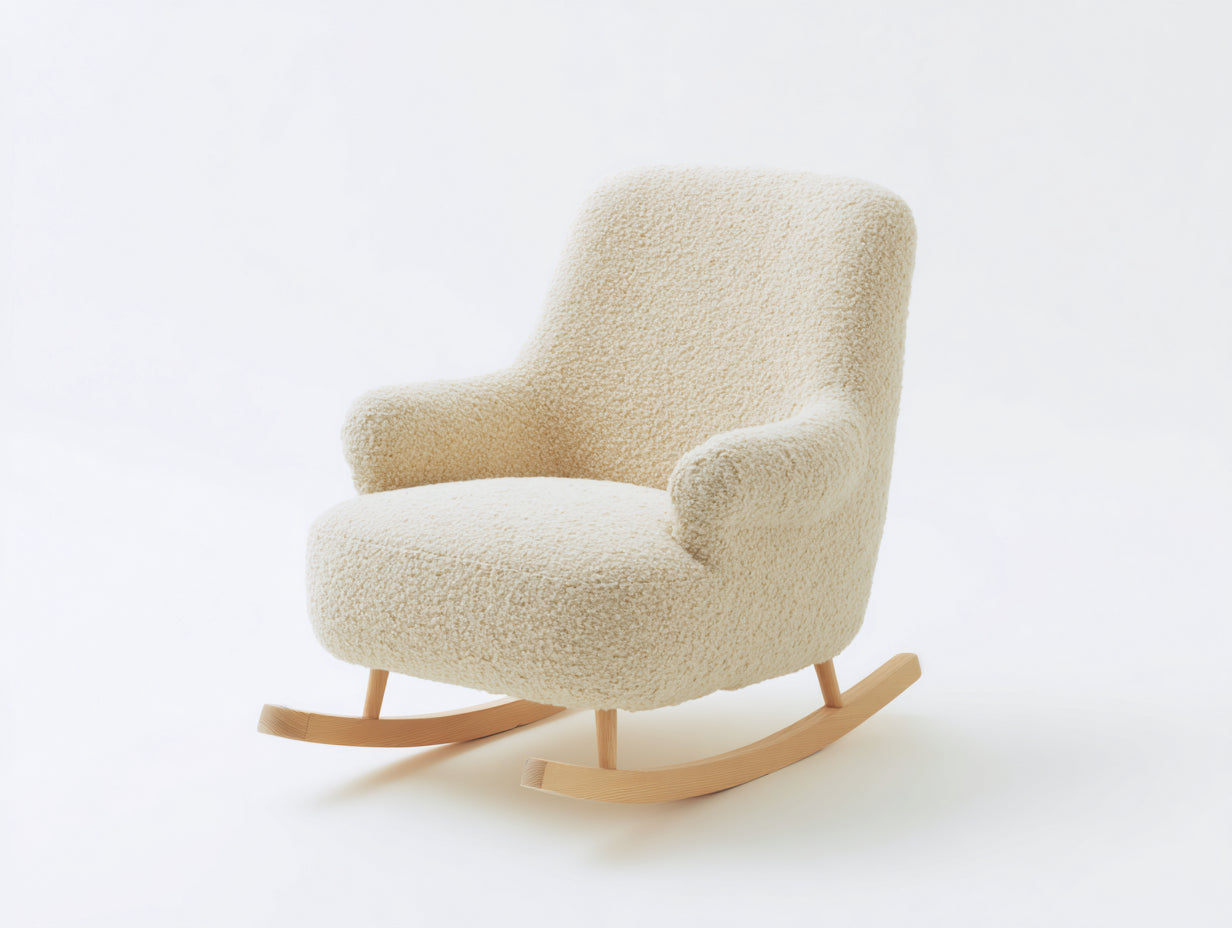 Fauteuil à bascule en tissu bouclé blanc crème avec structure bois naturel style scandinave 75x90x95 cm