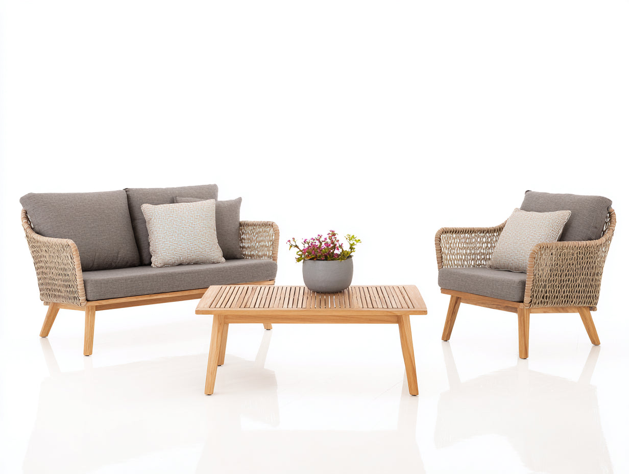 Canapé de jardin en bois et corde tressée avec table basse - Salon de jardin 2 places et fauteuil - Gris clair - Style contemporain 145x82x78 cm