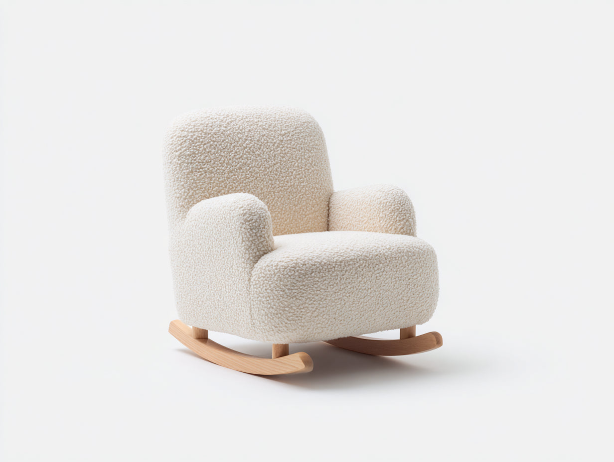 Fauteuil à bascule en tissu bouclé blanc crème avec structure bois naturel design moderne scandinave 74x85x90 cm