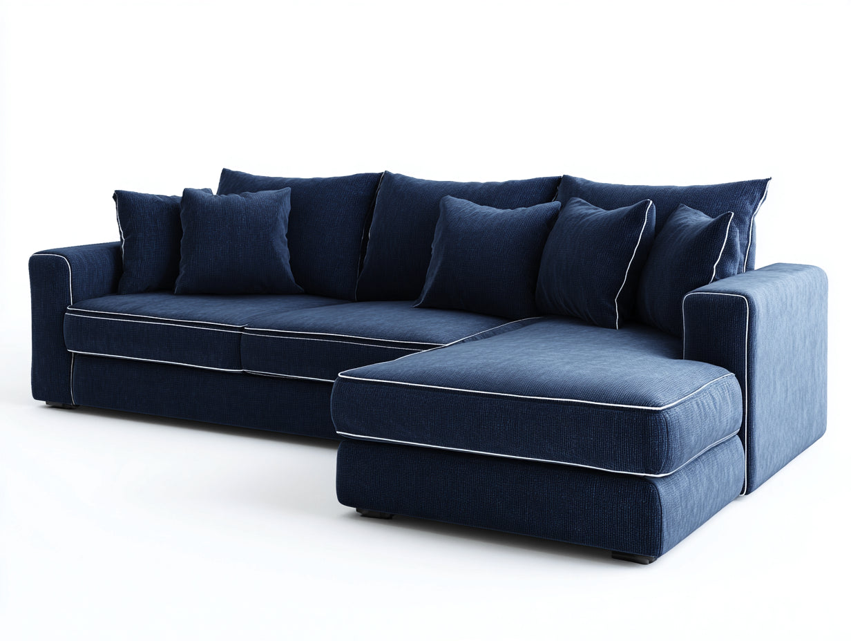 Canapé d'angle 260x160x70 cm - tissu bleu structure bois pieds bas design contemporain salon intérieur