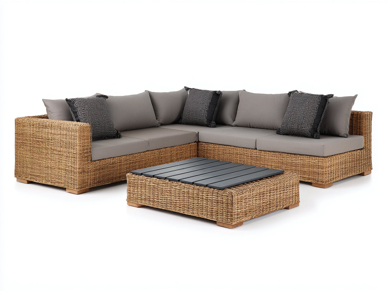 Canapé de jardin d'angle rotin naturel 260x200x70 cm avec table basse 90x60x35 cm design moderne extérieur