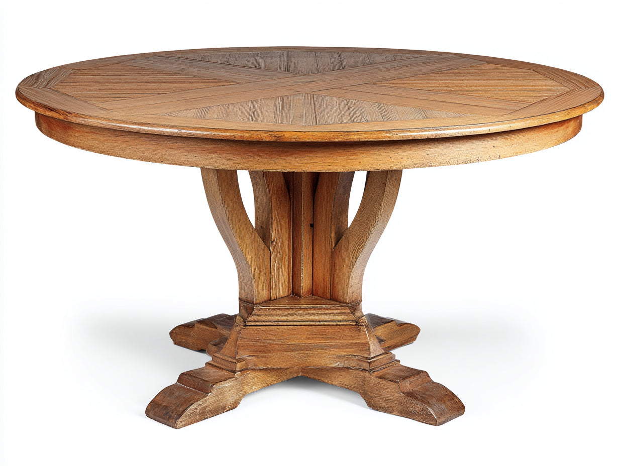 Table de jardin ronde en bois massif style classique avec piètement sculpté central - Table extérieure design rustique élégant 120x120x75 cm