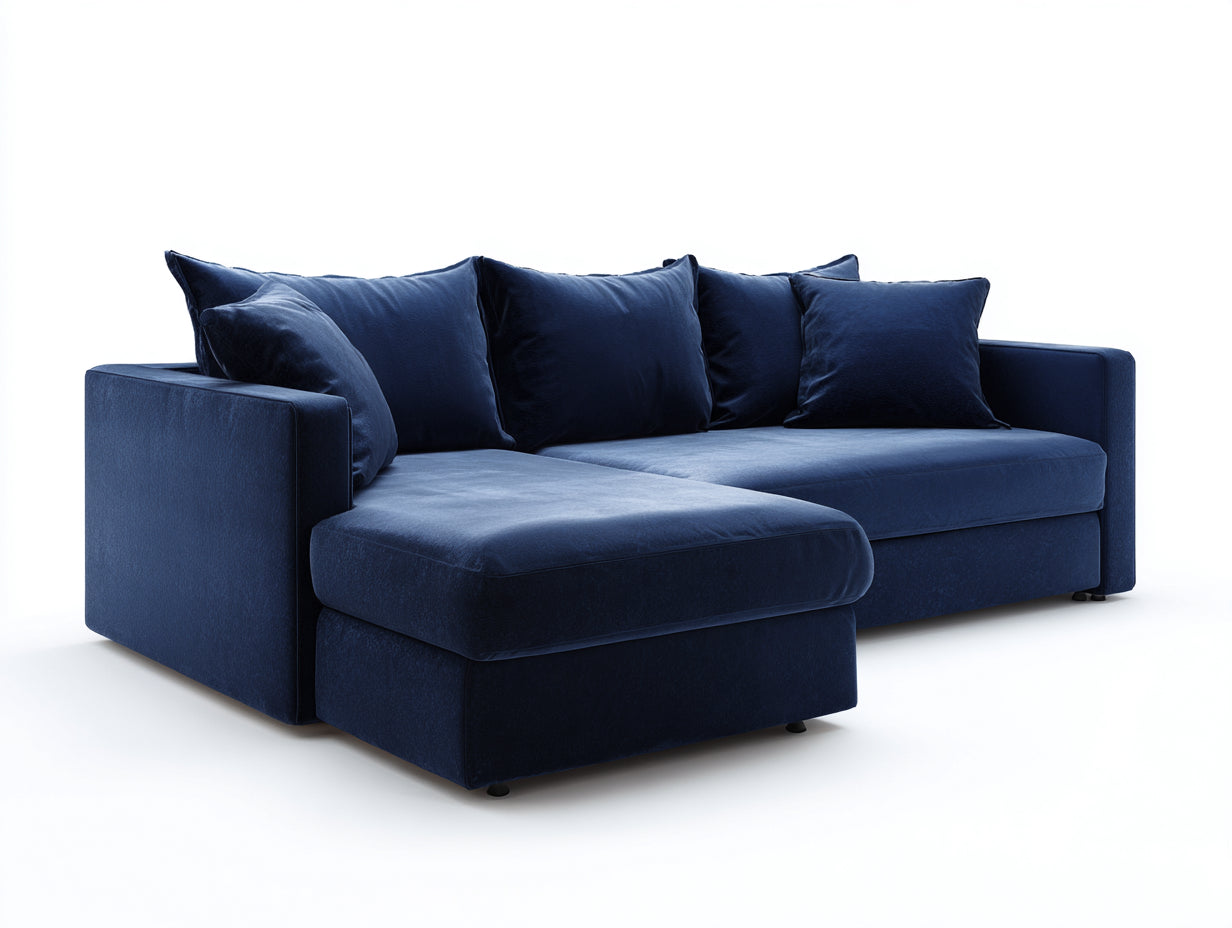 Canapé d'angle en velours bleu avec méridienne - Salon de jardin intérieur et extérieur moderne style contemporain 240x160x85 cm