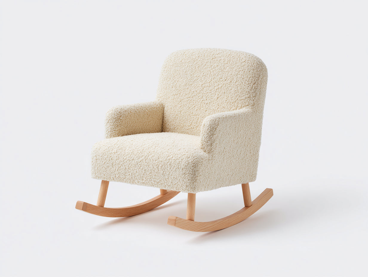 Fauteuil à bascule en tissu bouclé blanc crème avec structure bois naturel style scandinave 78x92x96 cm
