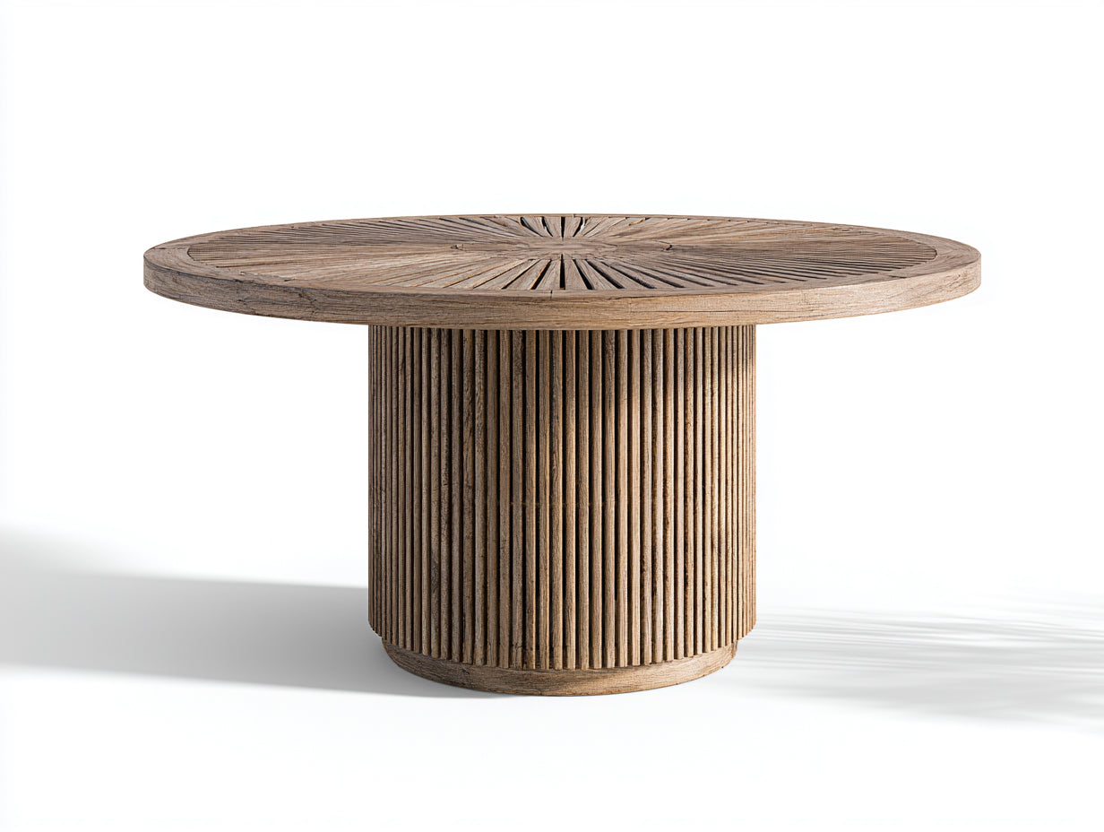 Table de jardin ronde bois massif 120x120x75 cm design sculpté base cylindrique rainurée