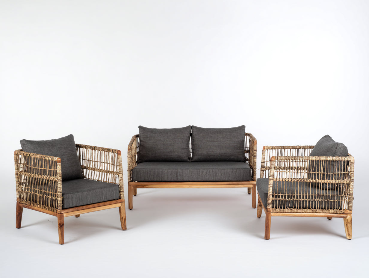 Canapé de jardin 140x75x75 cm - ensemble bois naturel corde tressée - gris foncé - salon extérieur style contemporain
