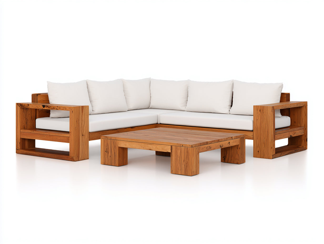 Canapé de jardin en L 260x260x70 cm - structure bois massif salon extérieur - bois naturel blanc - design moderne extérieur