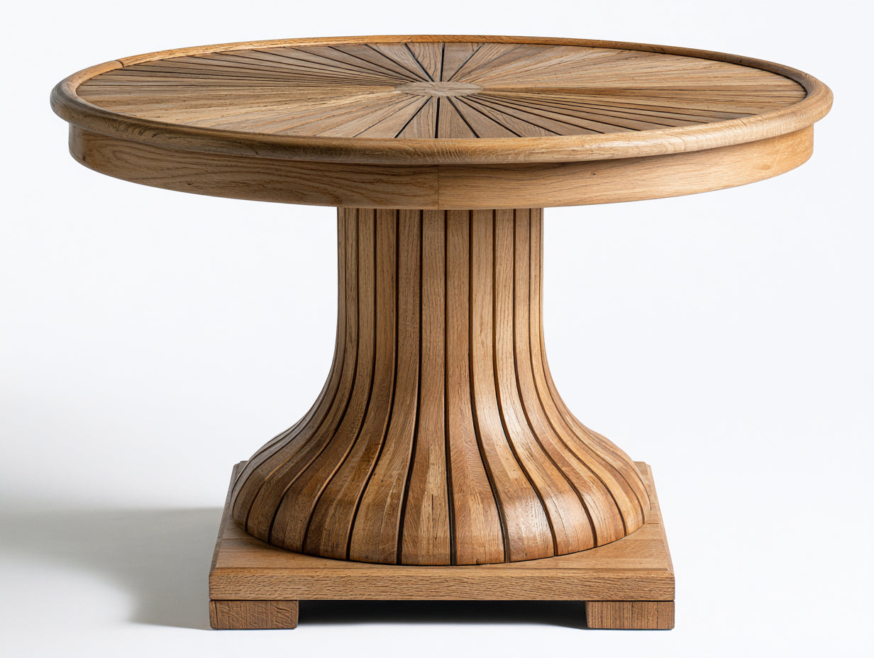 Table de jardin ronde 120x120x75 cm - bois massif design sculptural base cylindrique lattes verticales extérieur contemporain - bois naturel - table repas style haut de gamme
