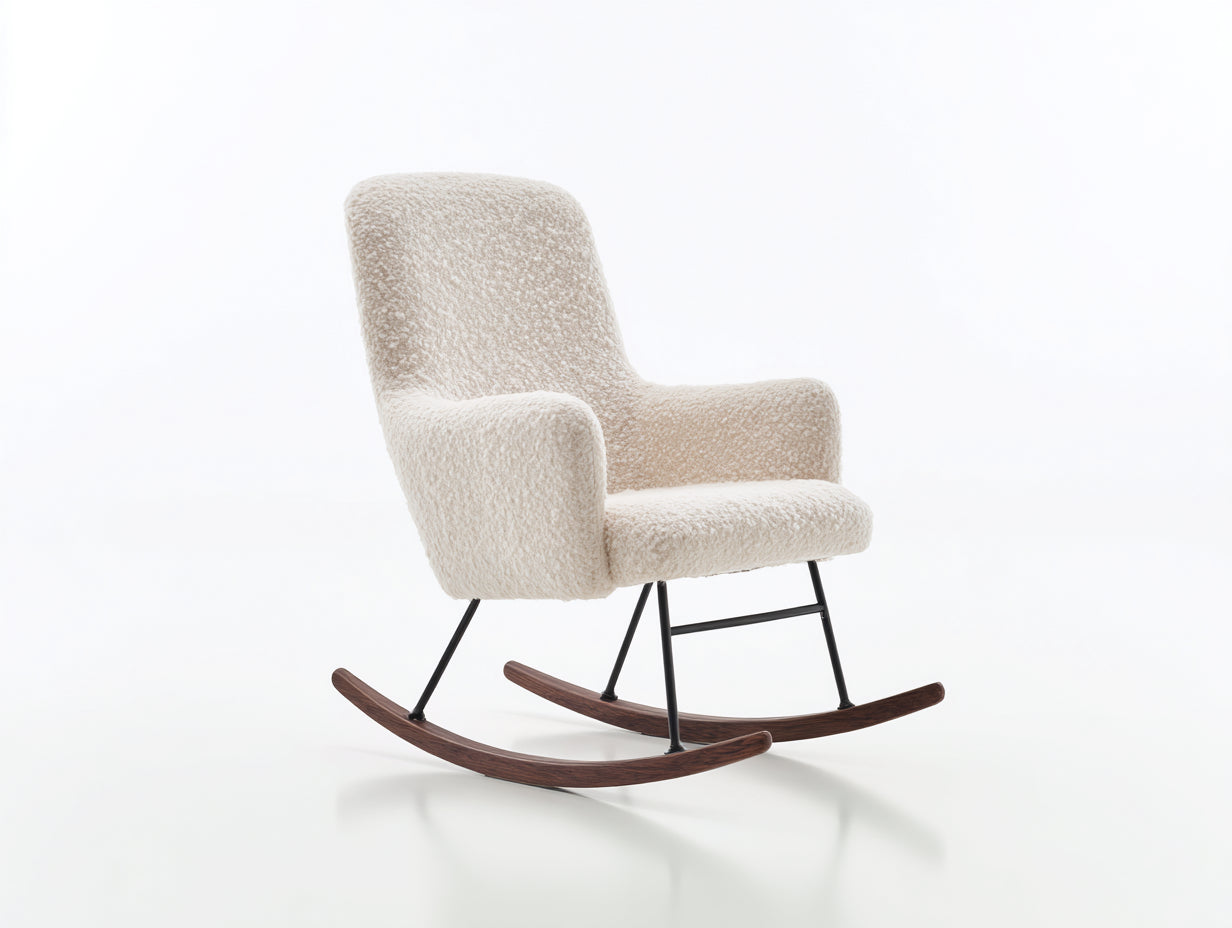 Fauteuil à bascule 78x85x98 cm - tissu bouclé crème base métal noir patins bois design moderne intérieur