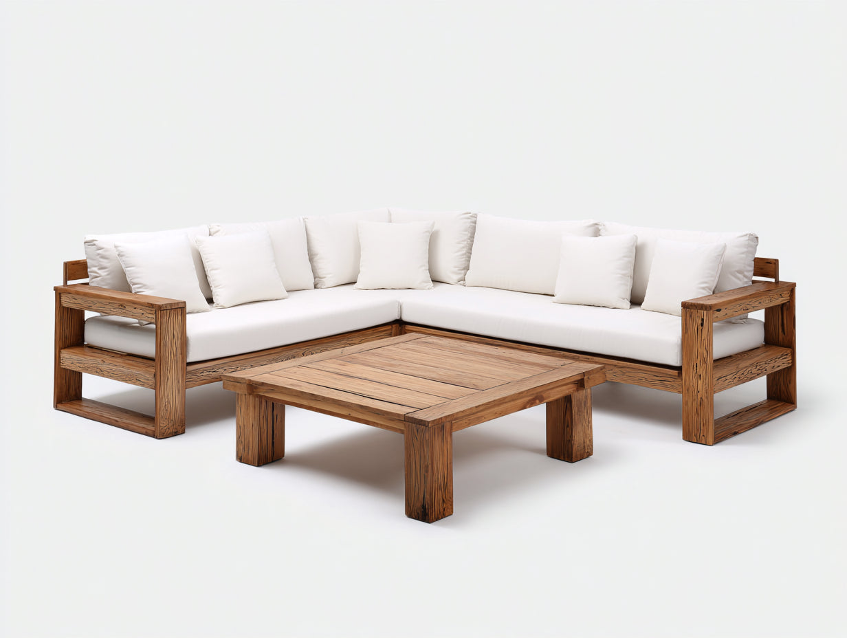 Canapé de jardin d'angle bois massif design moderne 260x260x70 cm ensemble extérieur avec table basse 80x80x35 cm style terrasse