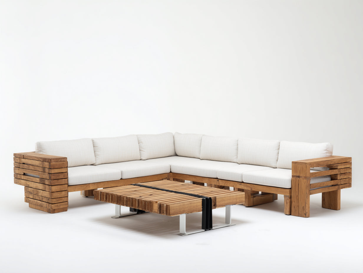 Canapé de jardin en L 240x240x70 cm - structure bois massif plateau central bois métal - bois naturel blanc - salon extérieur style moderne
