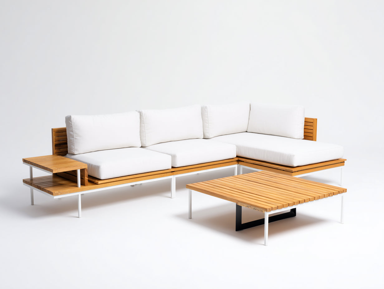 Canapé de jardin d'angle aluminium et bois design moderne 250x200x70 cm ensemble salon extérieur avec table basse 80x80x35 cm