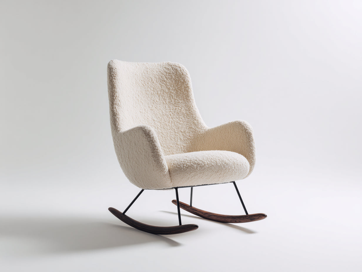 Fauteuil à bascule 75x72x95 cm - rocking chair en tissu bouclé blanc écru et bois naturel - design scandinave pour salon chambre et espace détente
