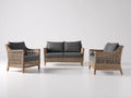 Canapé de jardin en rotin naturel 3 places avec 2 fauteuils - Coussins gris foncé - Salon de jardin moderne 190x82x78 cm