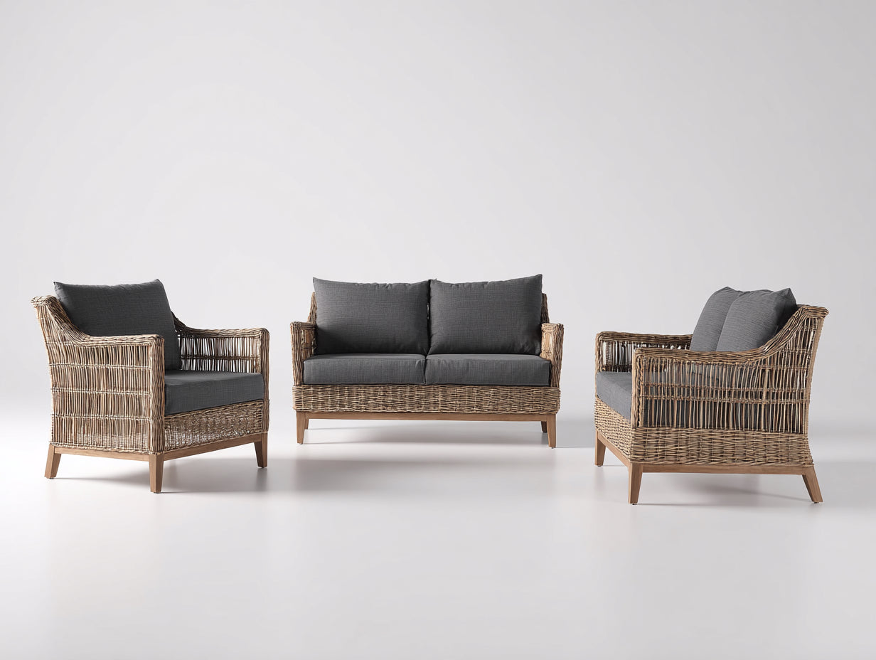 Canapé de jardin en rotin naturel 3 places avec 2 fauteuils - Coussins gris foncé - Salon de jardin moderne 190x82x78 cm