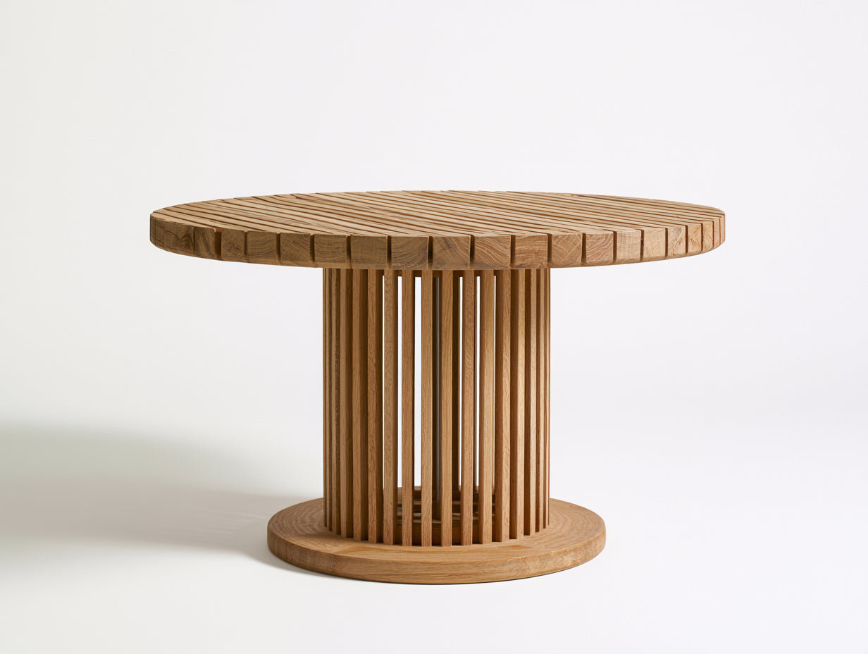 Table de jardin ronde en bois massif à lattes avec piètement cylindrique design - Table extérieure moderne style naturel 120x120x75 cm
