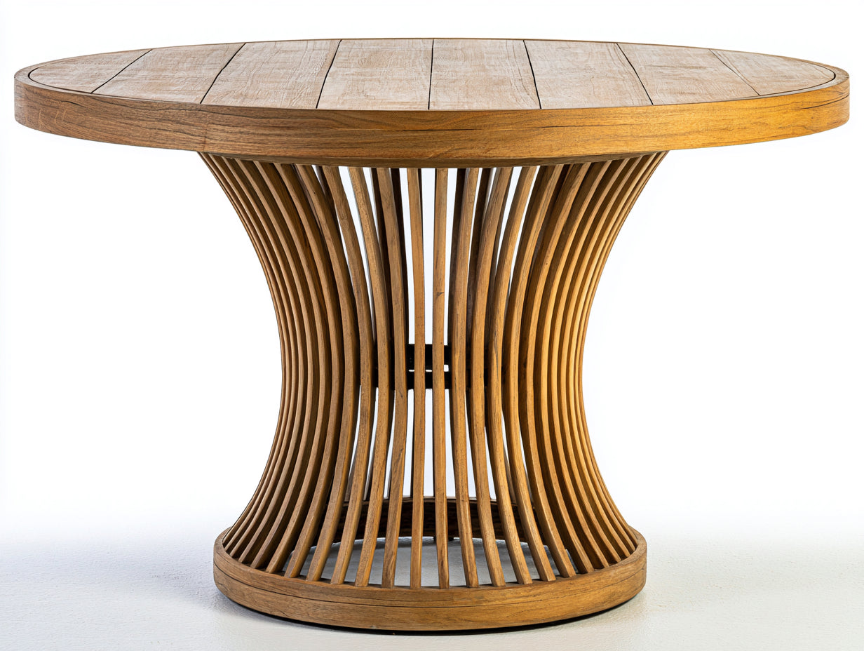 Table de jardin en bois massif design moderne 120x120x75 cm ronde style extérieur pied sculptural