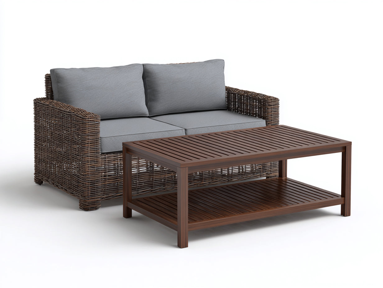 Canapé de jardin rotin et bois design moderne 150x80x75 cm avec table basse 100x55x40 cm étagère inférieure style extérieur terrasse