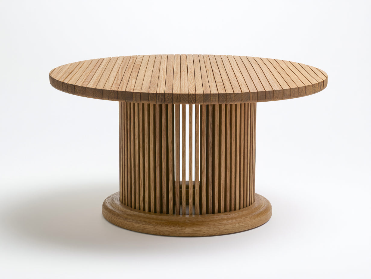 Table de jardin ronde en bois massif 120x120x75 cm design moderne à lattes et pied central